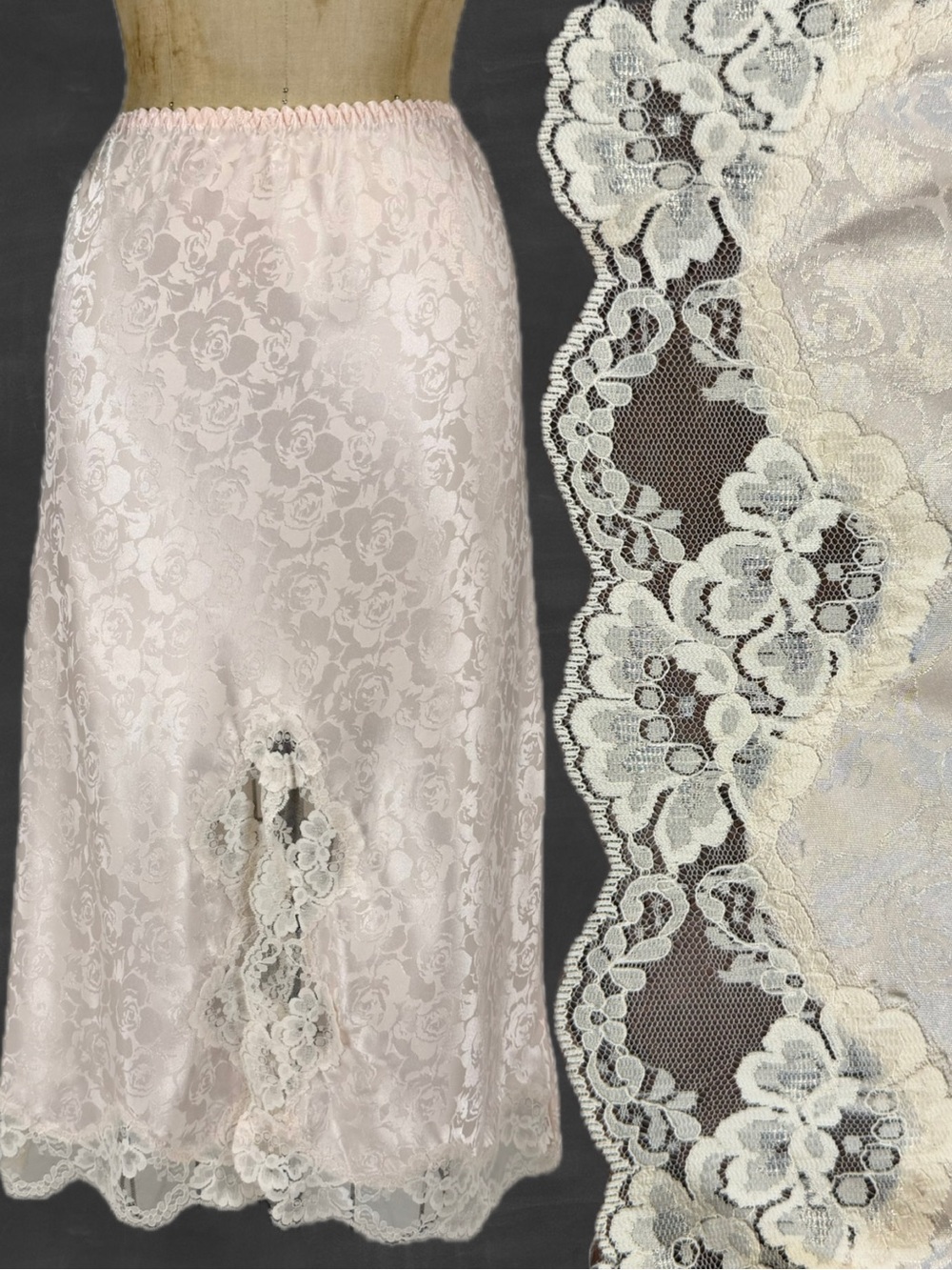 VINTAGE 80s blush pink skirt skip satin rose floral lace lingerie boudoir glam